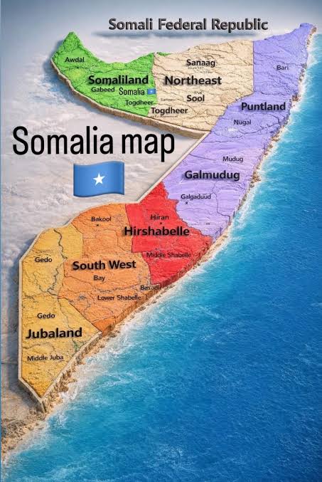 Map of Somalia's federal member states, with the North Eastern State covering Sool, Sanaag and Togdheer between Somaliland to the west and Puntland to the east